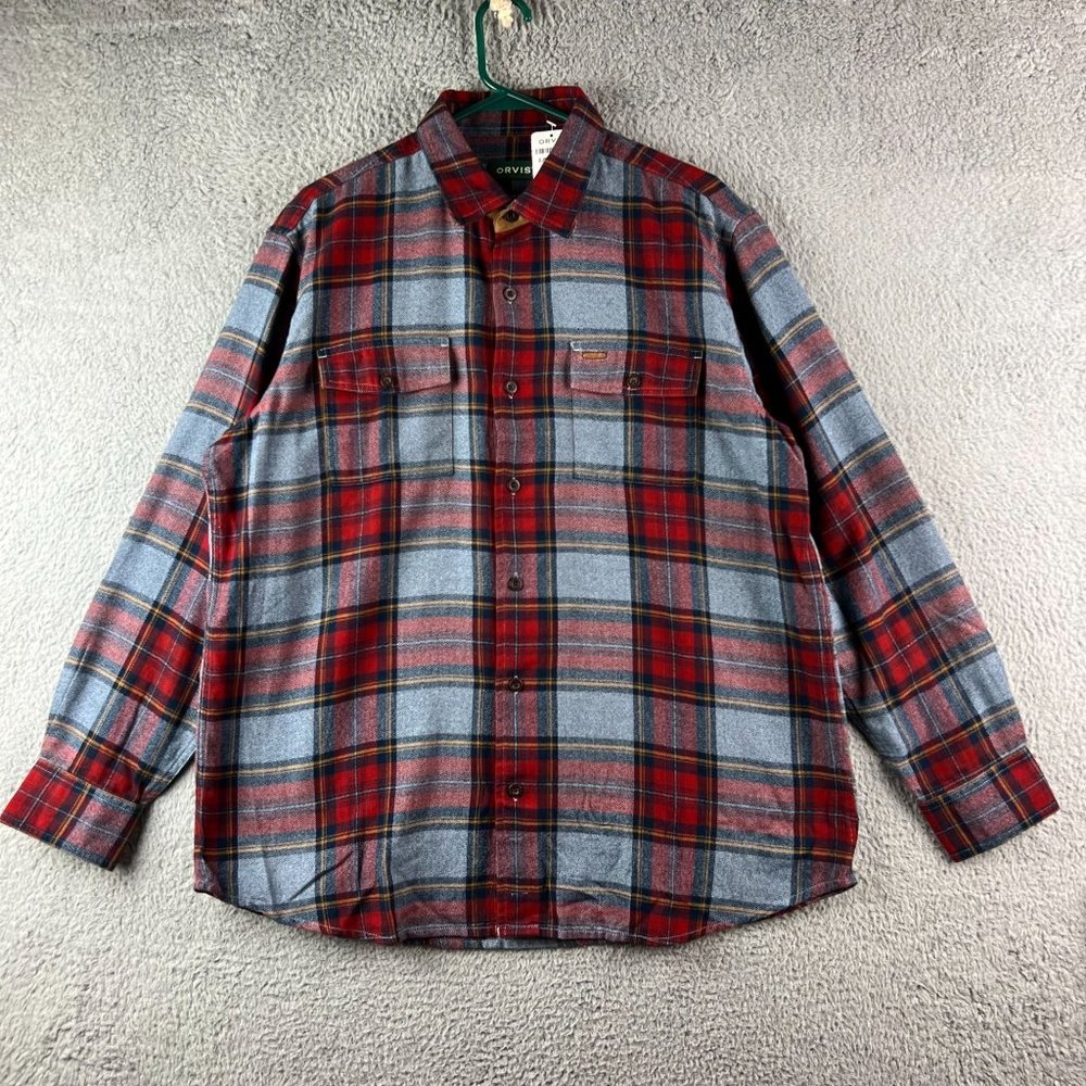 New Orvis Heavy Weight Flannel Shirt‎ Red Plaid Mens Size L